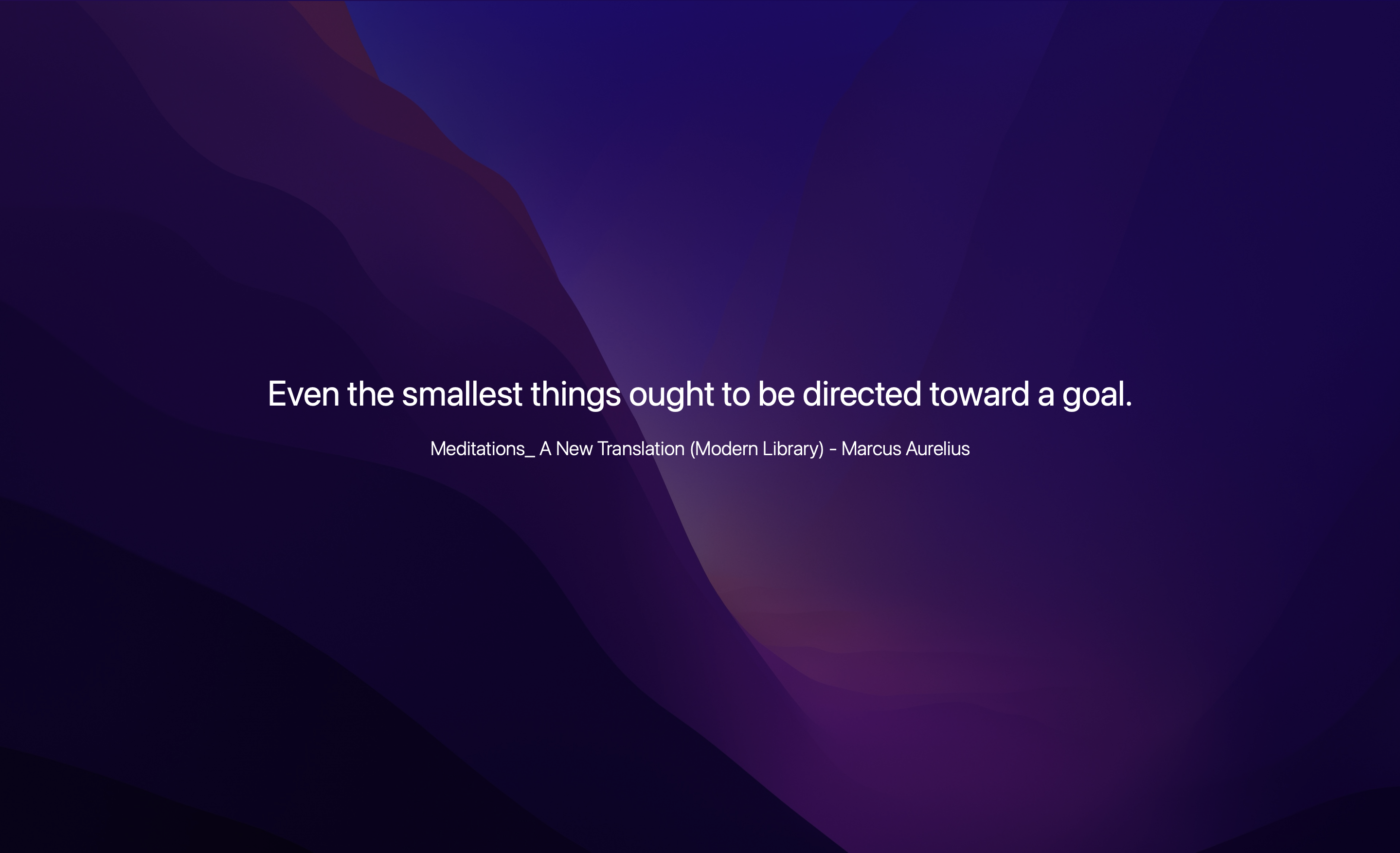 A purple Leaf wallpaper with a Marcus Aurelius Kindle highlight centered on the desktop.
