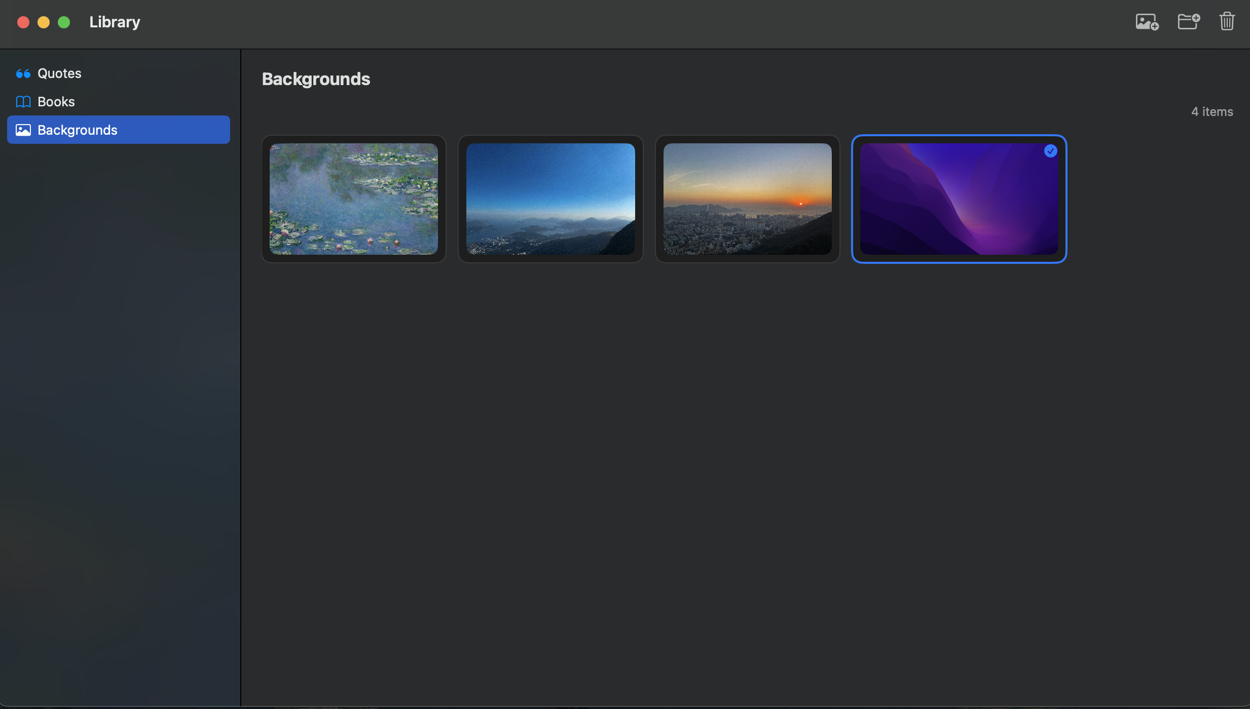 Leaf backgrounds view showing a grid of selectable wallpaper backgrounds.