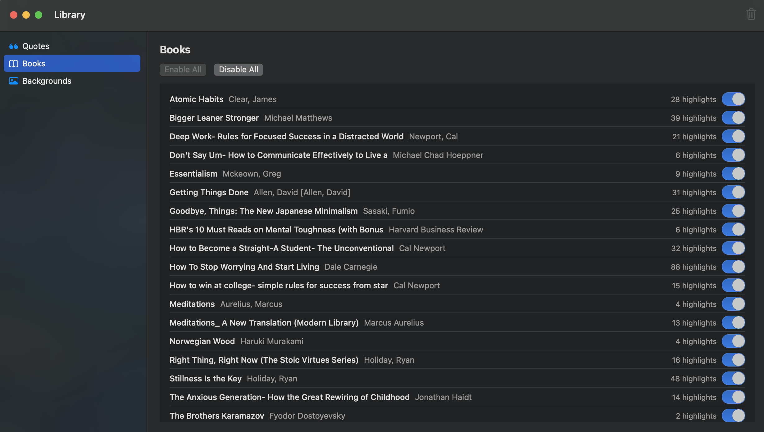 Leaf books view showing imported Kindle books with highlight counts and toggles.