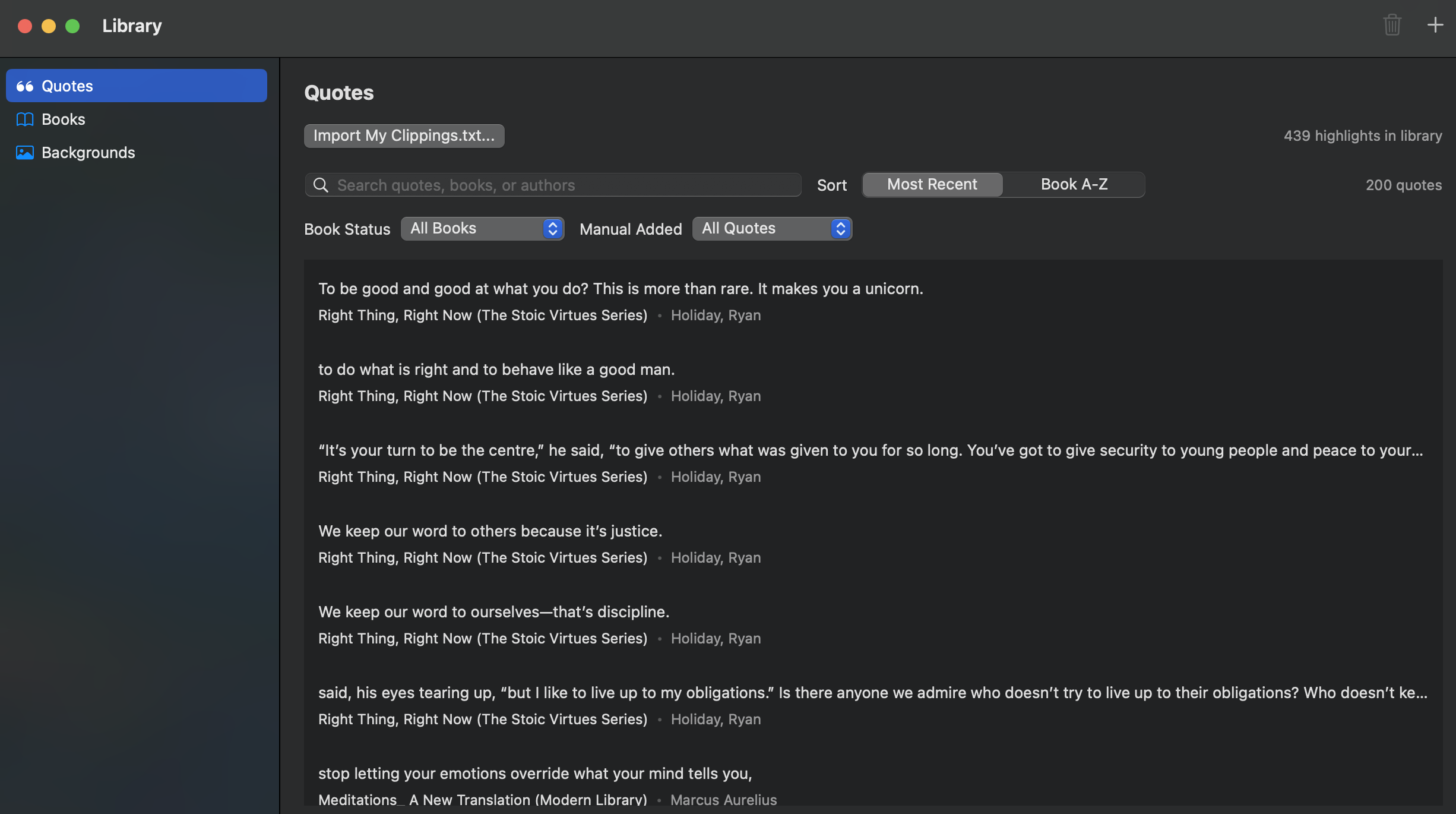 Leaf quotes view showing search, filters, sort controls, and imported highlights.